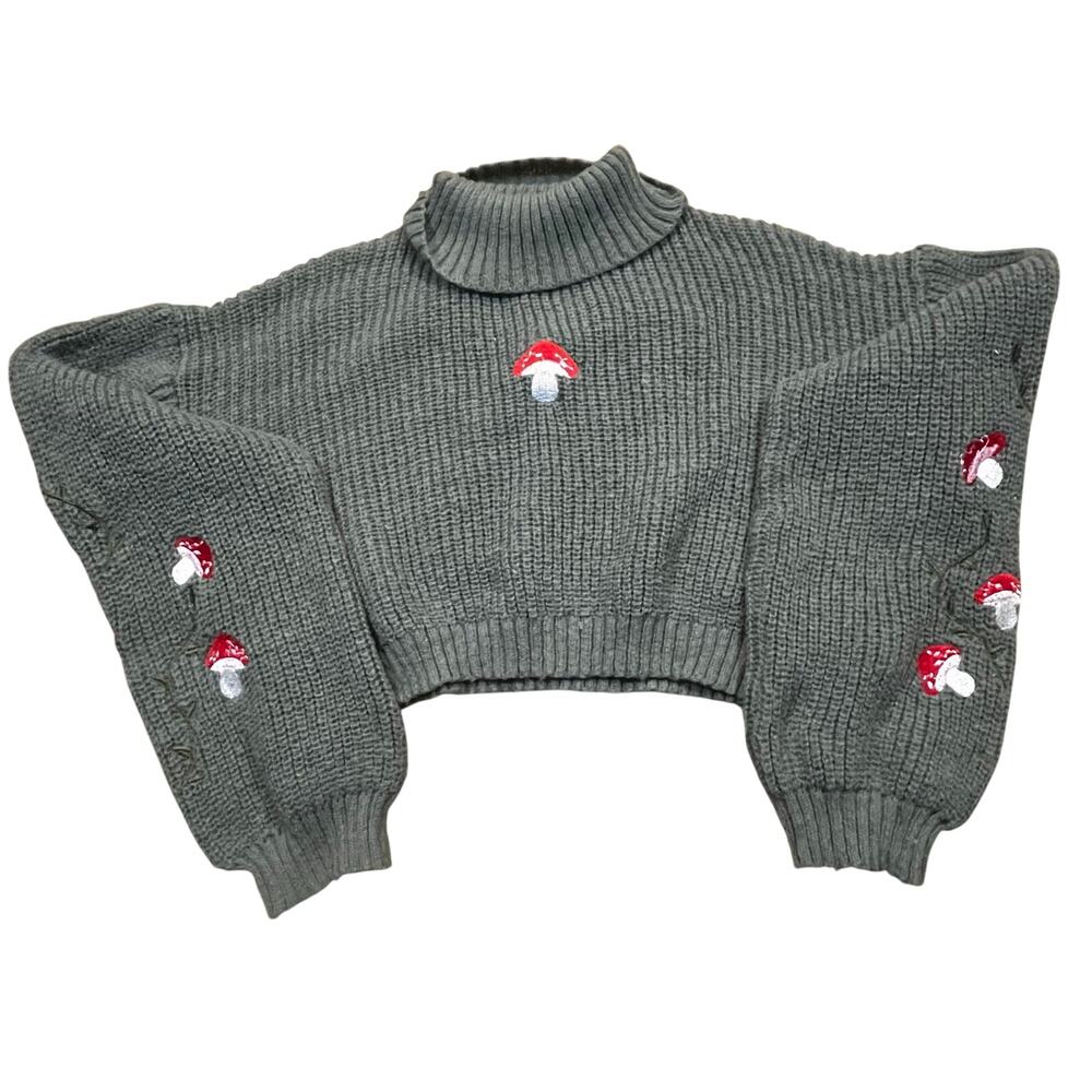 Womens L Green Cropped Turtleneck Sweater Embroidered Mushroom Cottagecore Fairy
